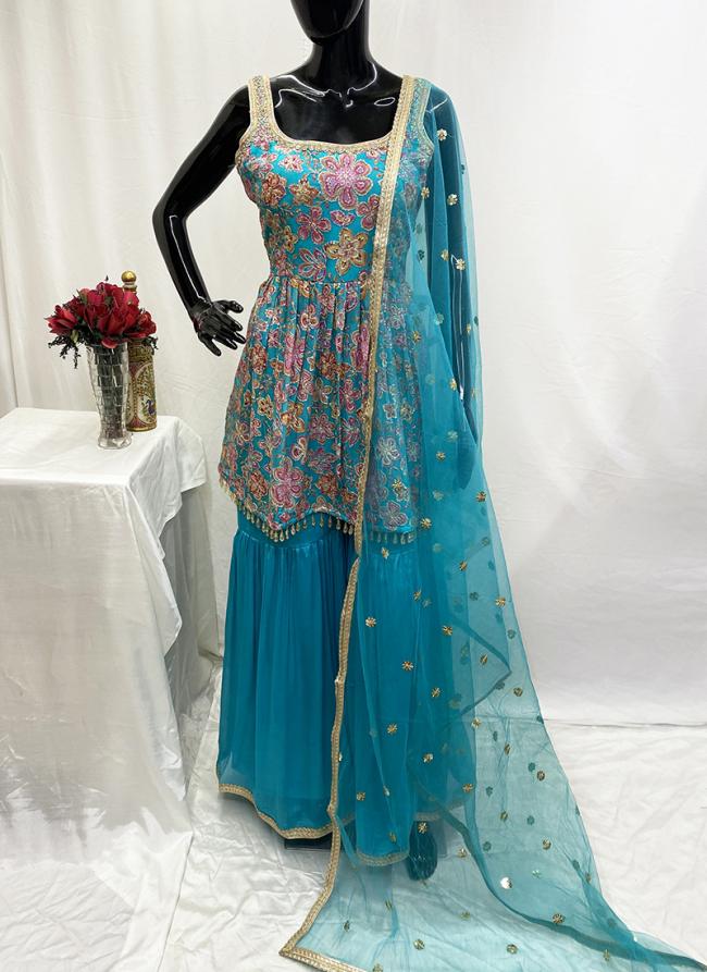 Georgette Blue Ceremonial Wear Sequins Work Readymade Sharara Suit